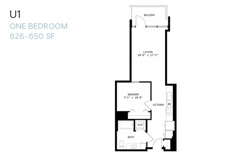 Floor plan for 1 bed, 1 bath, 626 sqft